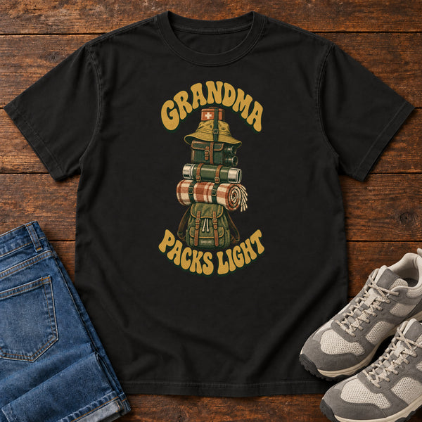 Grandma Packs Light T-Shirt in Black, front view
