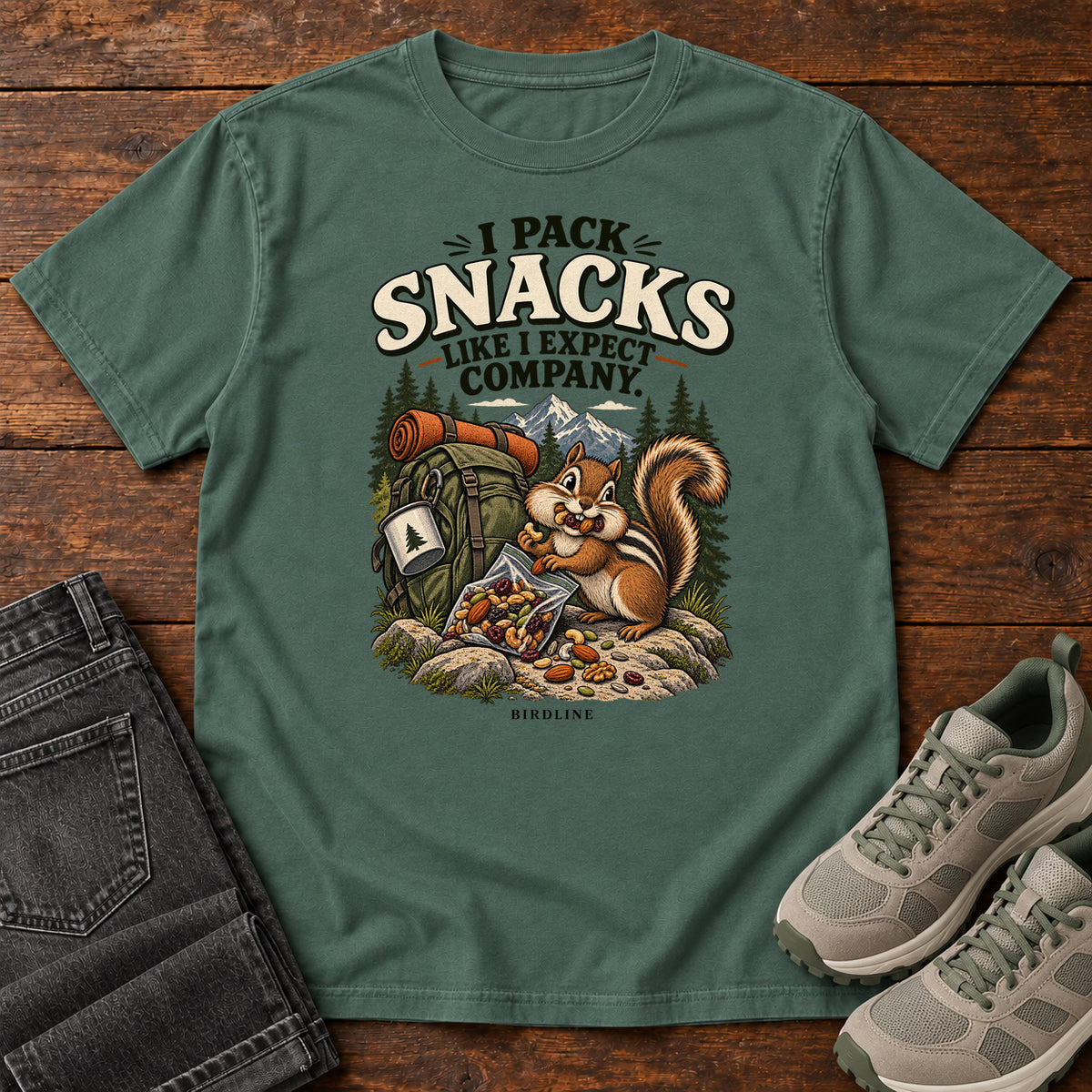 I Pack Snacks Like I Expect Company Squirrel T-Shirt in Blue Spruce