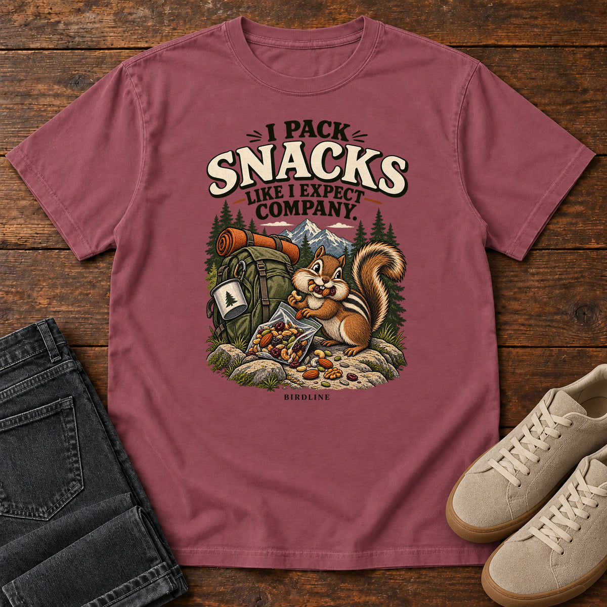 I Pack Snacks Like I Expect Company Squirrel T-Shirt in Brick