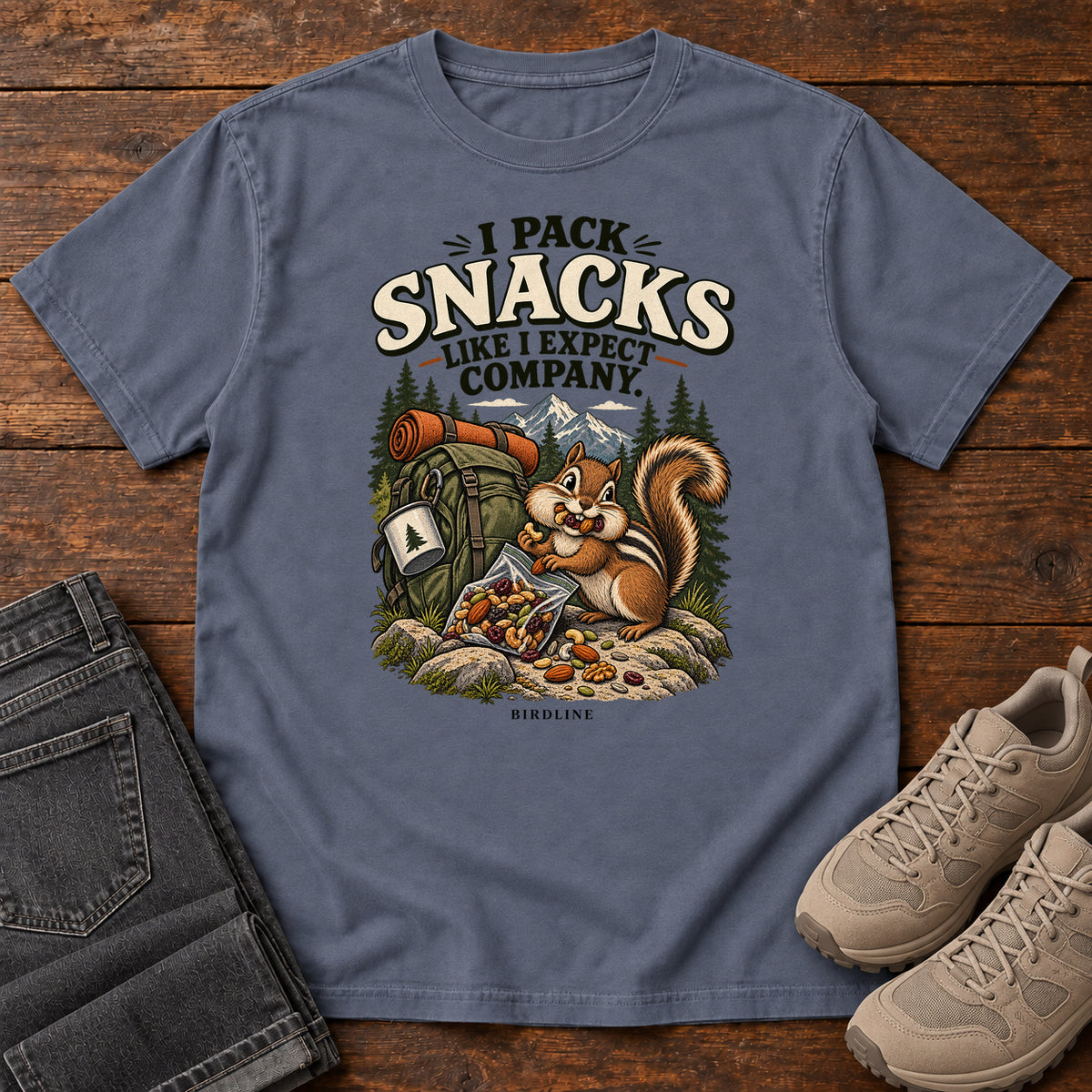 I Pack Snacks Like I Expect Company Squirrel T-Shirt in Denim