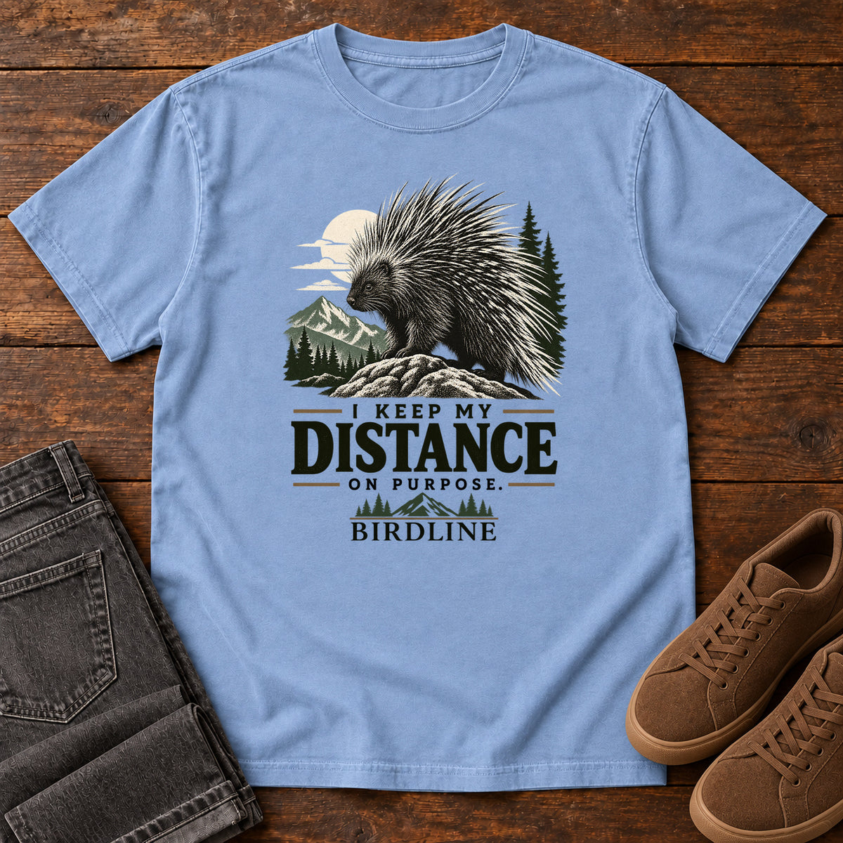 Keep My Distance on Purpose Porcupine T-Shirt in Washed Denim