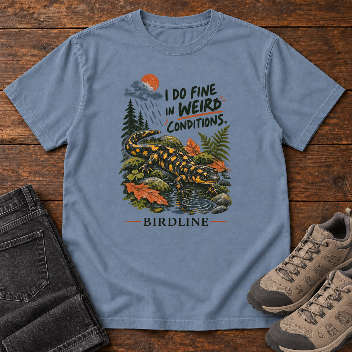 I Do Fine in Wet Conditions Salamander T-Shirt in Blue Jean