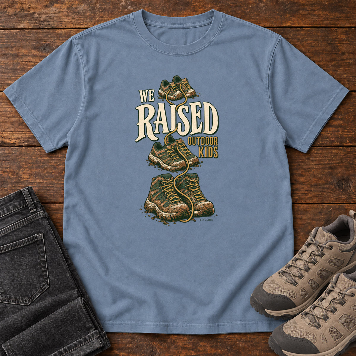 We Raised Outdoor Kids T-Shirt in Blue Jean