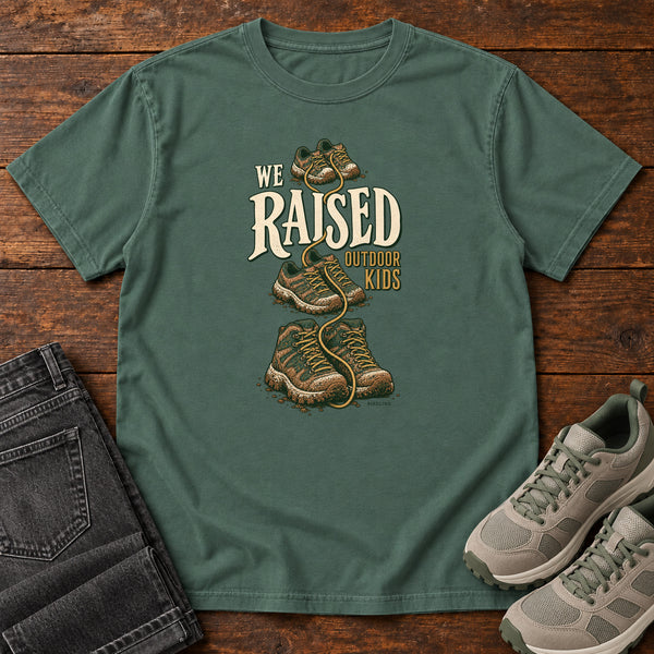 We Raised Outdoor Kids T-Shirt in Blue Spruce, front view