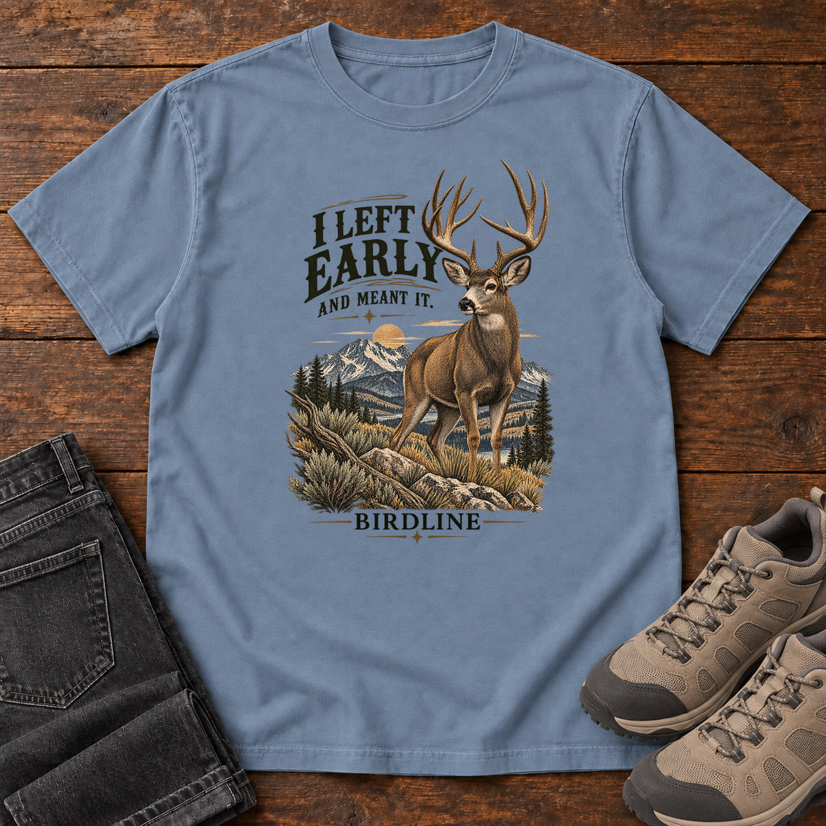 I Left Early and Meant It Deer T-Shirt in Blue Jean, left side