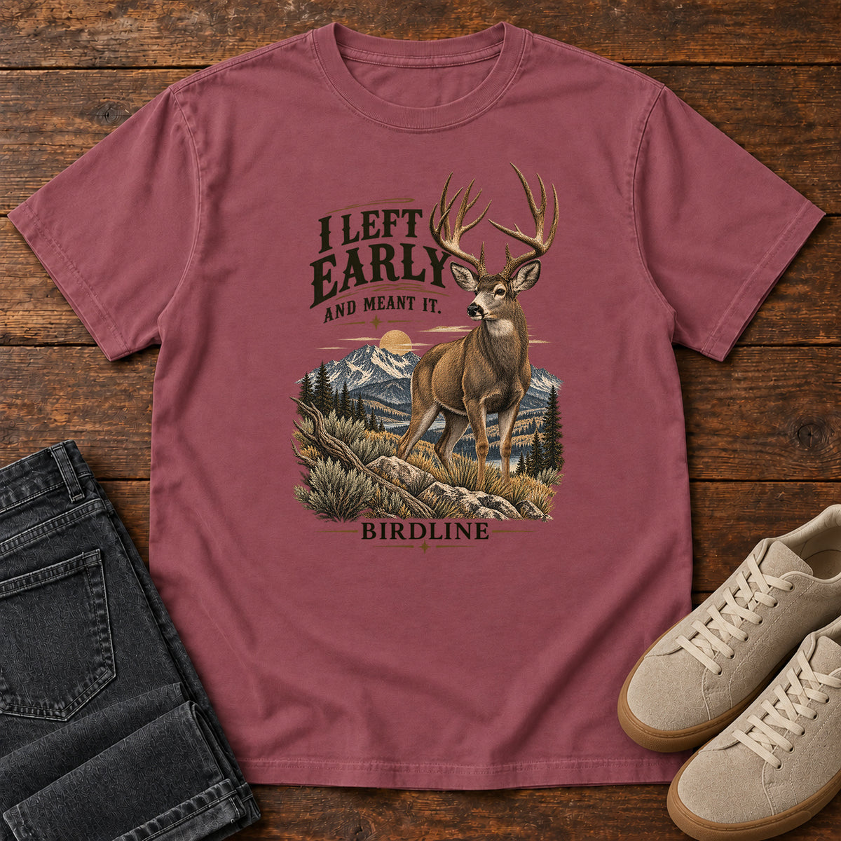 I Left Early and Meant It Deer T-Shirt in Brick, left side