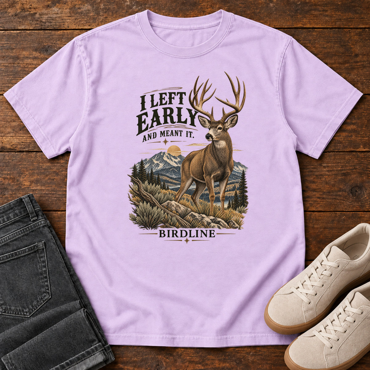 I Left Early and Meant It Deer T-Shirt in Orchid, left side