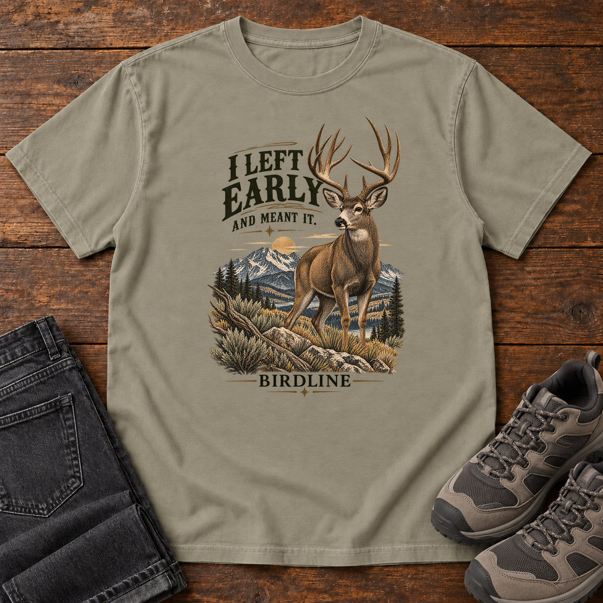 I Left Early and Meant It Deer T-Shirt in Sandstone, left side