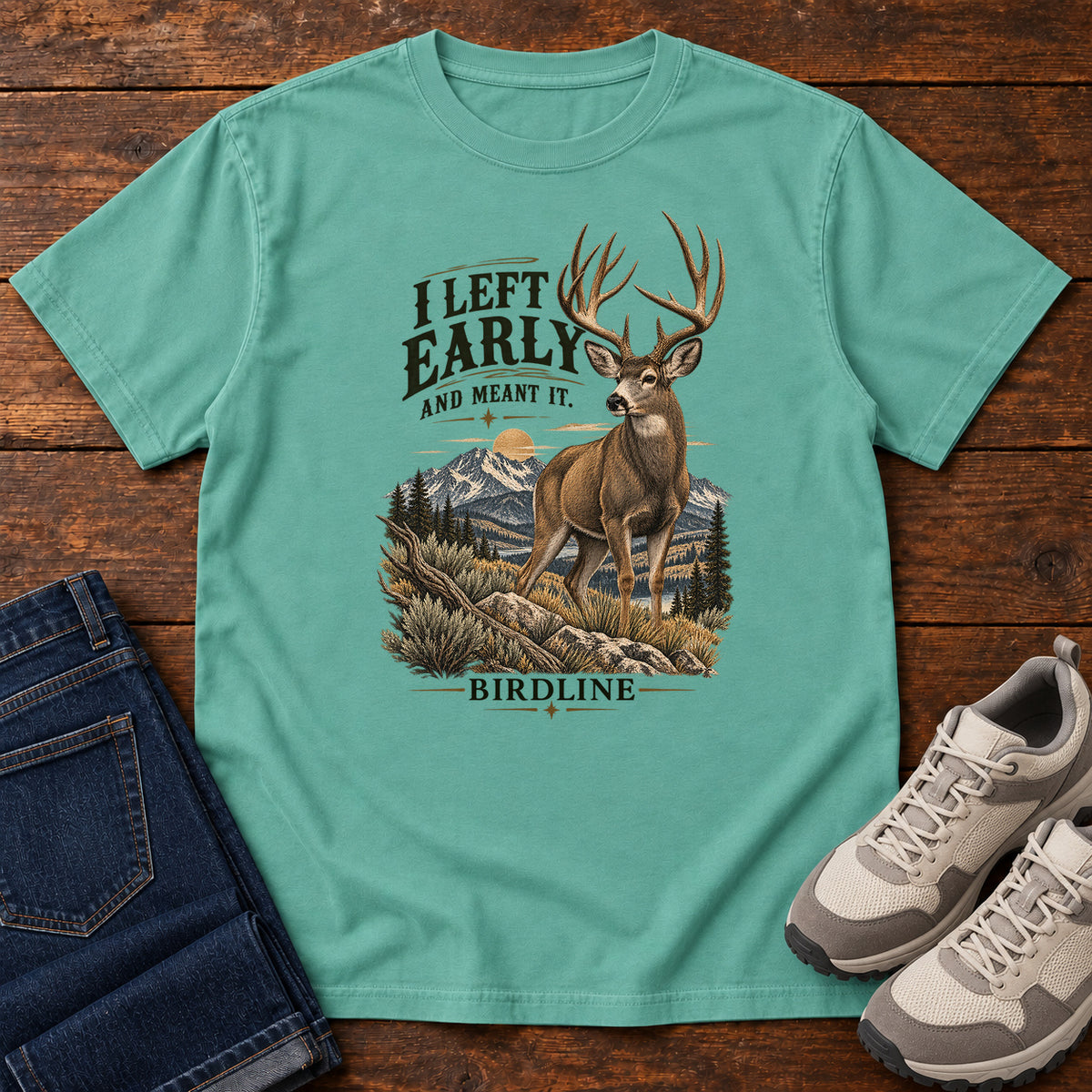 I Left Early and Meant It Deer T-Shirt in Seafoam, left side