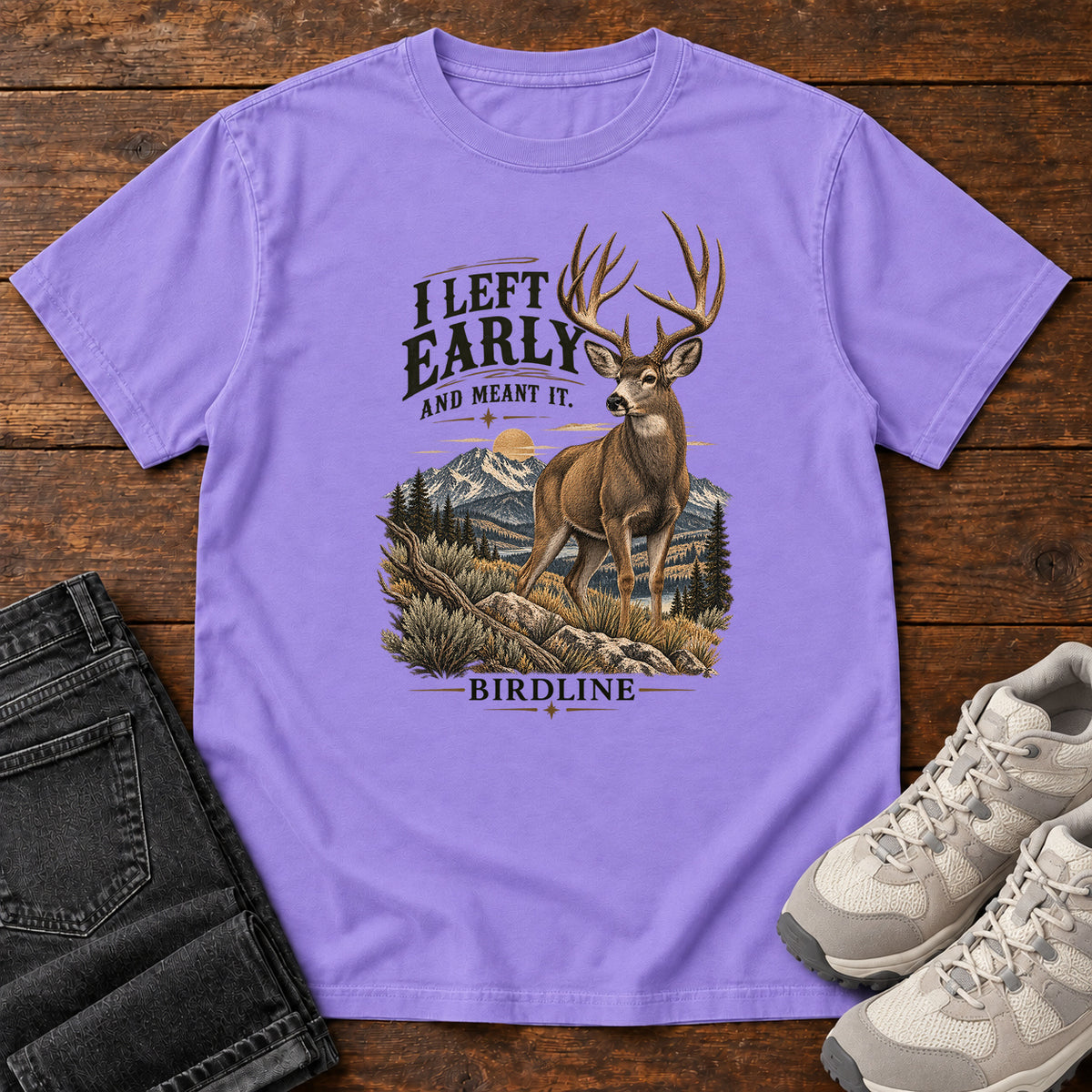 I Left Early and Meant It Deer T-Shirt in Violet, left side