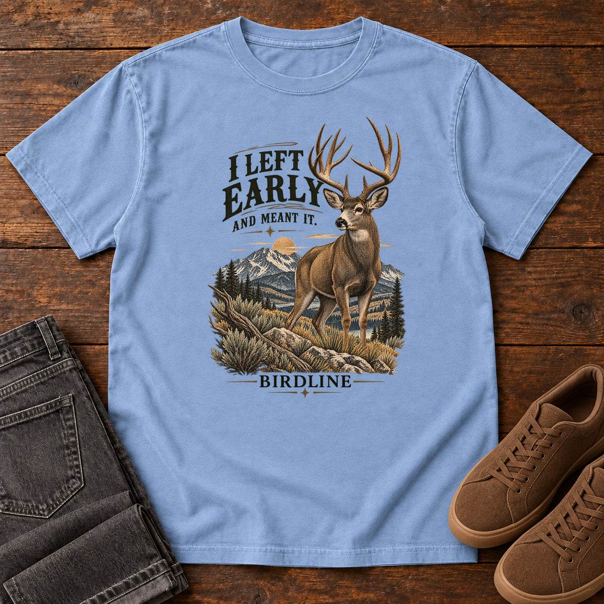 I Left Early and Meant It Deer T-Shirt in Washed Denim, left side