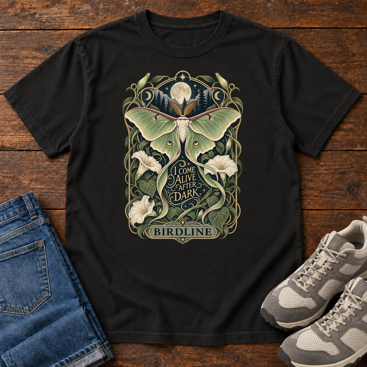 I Come Alive After Dark Moth T-Shirt in Black