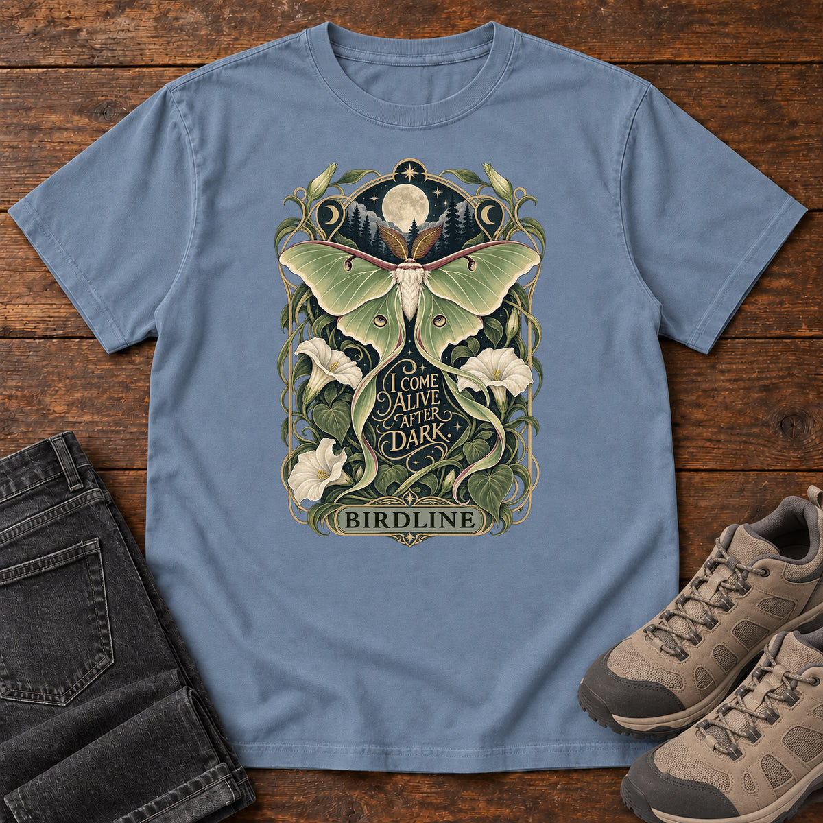 I Come Alive After Dark Moth T-Shirt in Blue Jean