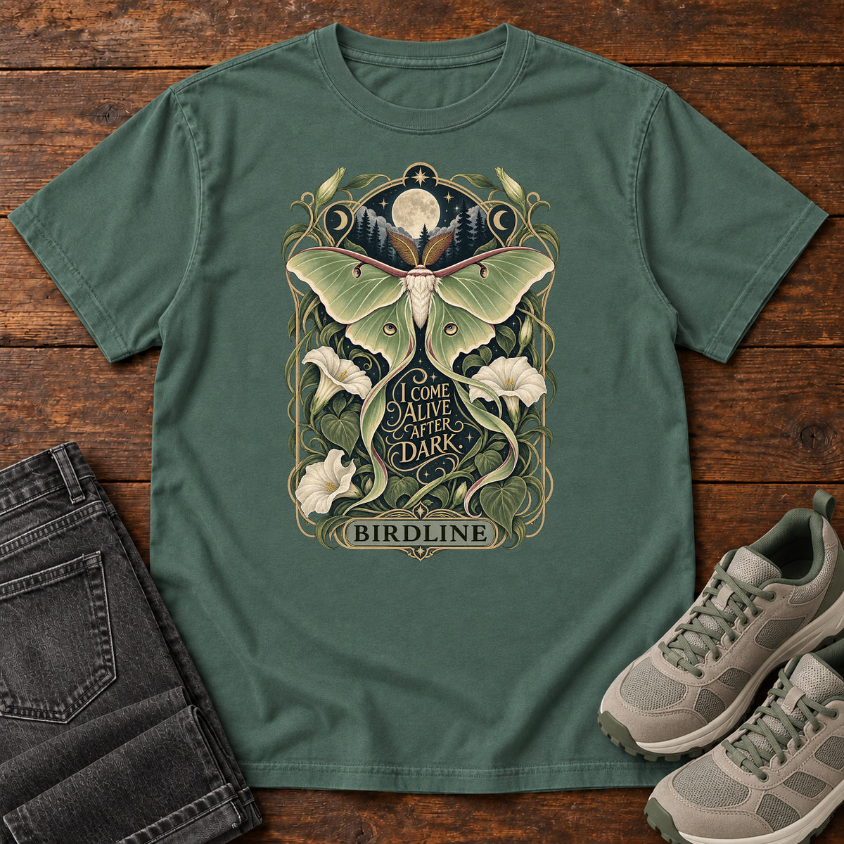 I Come Alive After Dark Moth T-Shirt in Blue Spruce