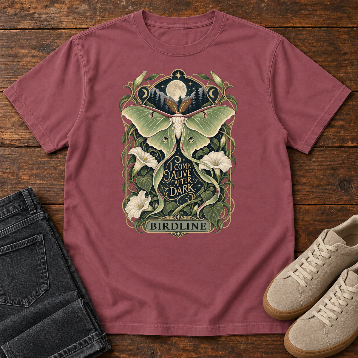 I Come Alive After Dark Moth T-Shirt in Brick
