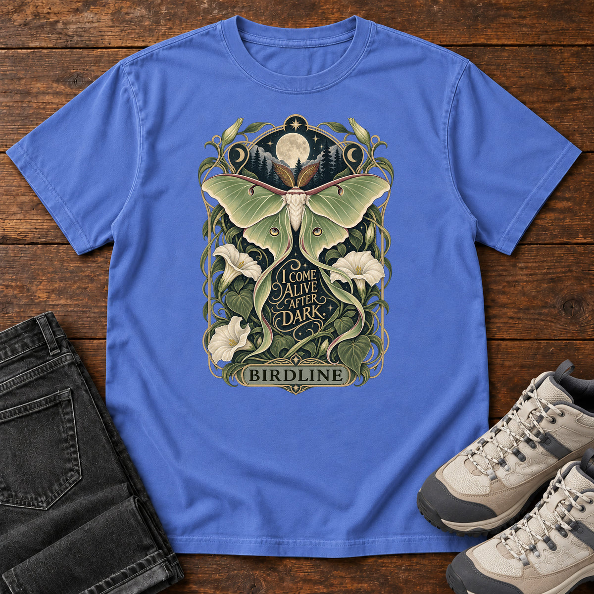 I Come Alive After Dark Moth T-Shirt in Mystic Blue