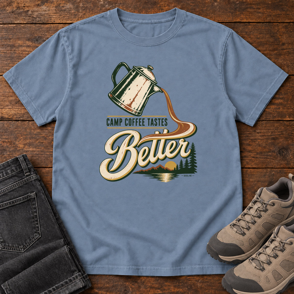 Camp Coffee Tastes Better T-Shirt in Blue Jean
