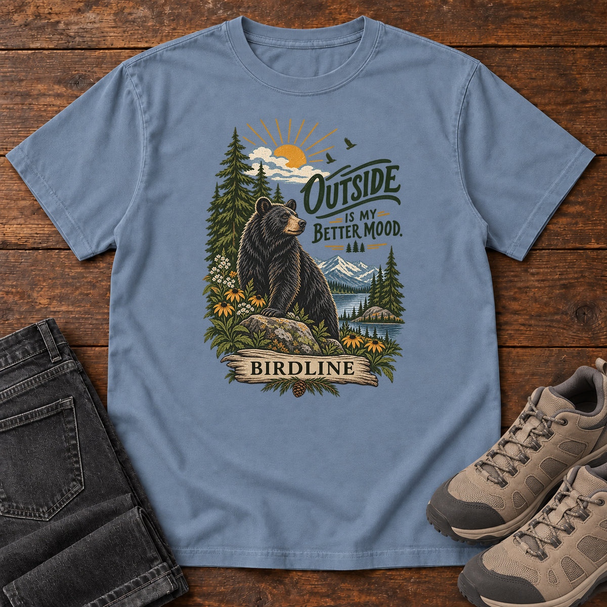 Outside Is My Better Mood Bear T-Shirt in Blue Jean