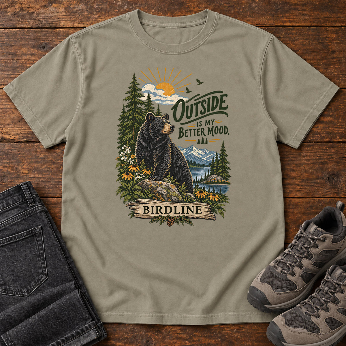 Outside Is My Better Mood Bear T-Shirt in Sandstone