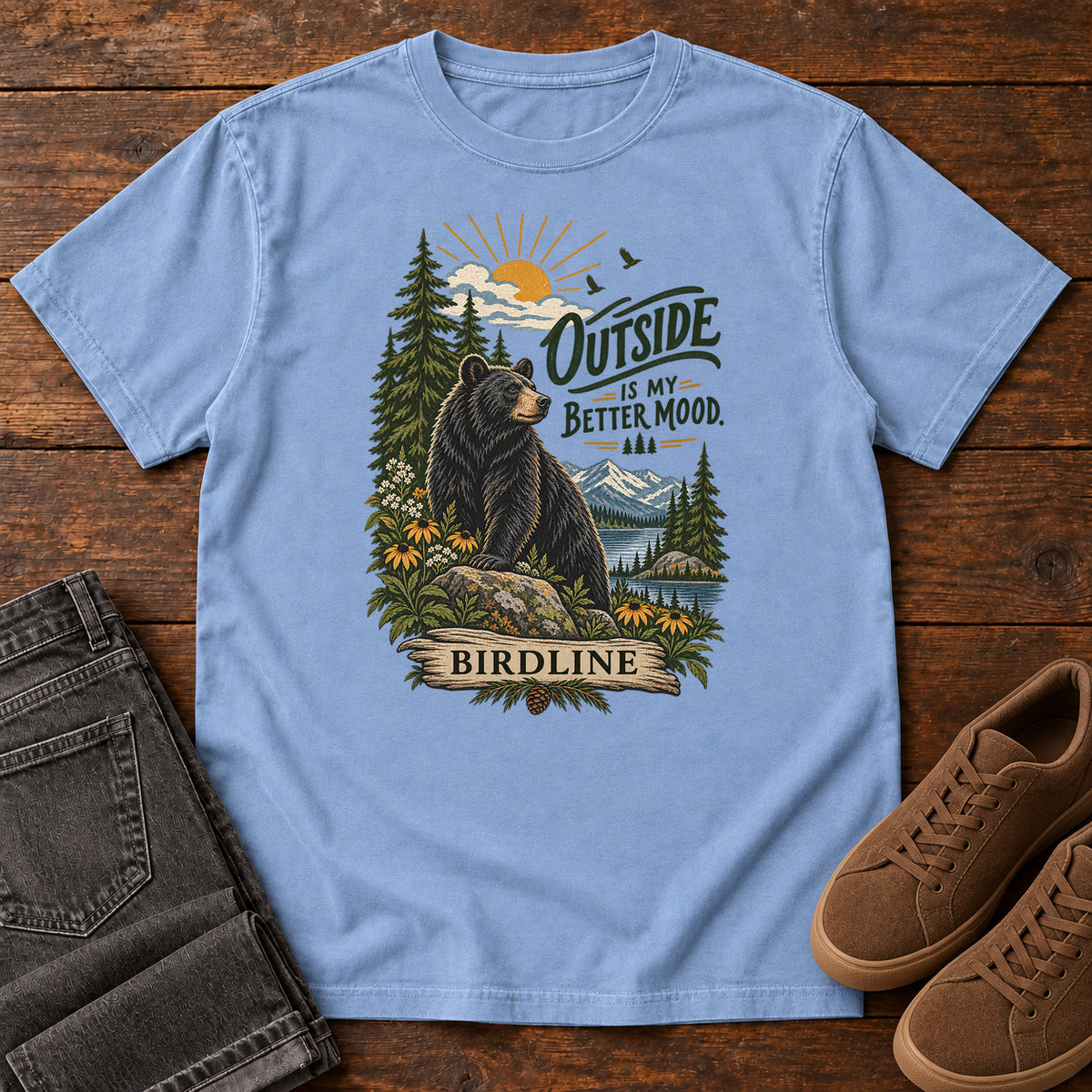 Outside Is My Better Mood Bear T-Shirt in Washed Denim