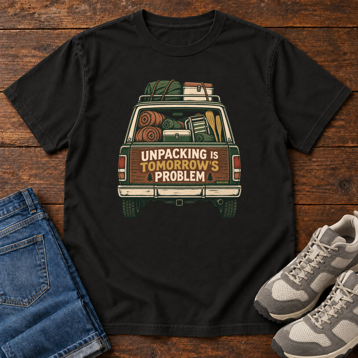 Unpacking Is Tomorrow's Problem T-Shirt in Black, front view