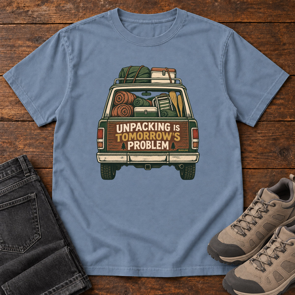 Unpacking Is Tomorrow's Problem T-Shirt in Blue Jean, front view