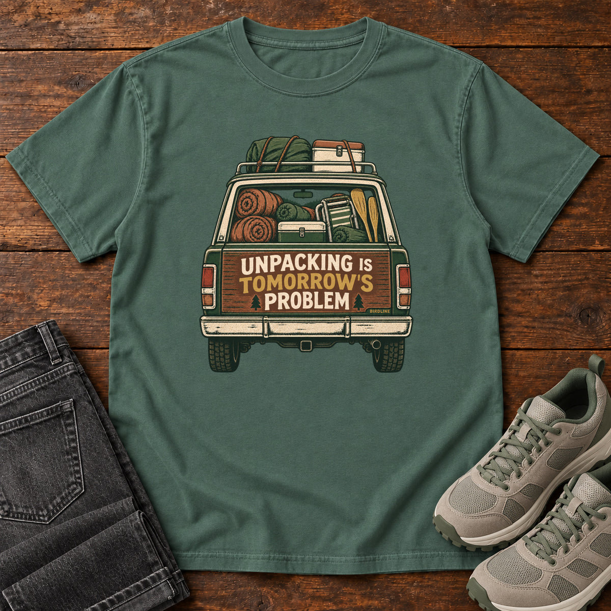 Unpacking Is Tomorrow's Problem T-Shirt in Blue Spruce, front view