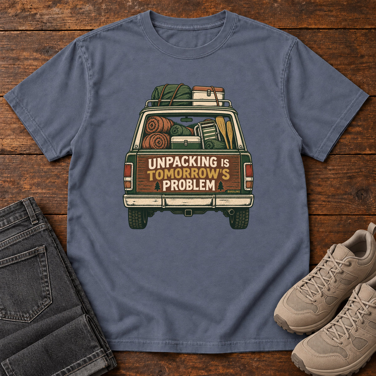 Unpacking Is Tomorrow's Problem T-Shirt in Denim, front view