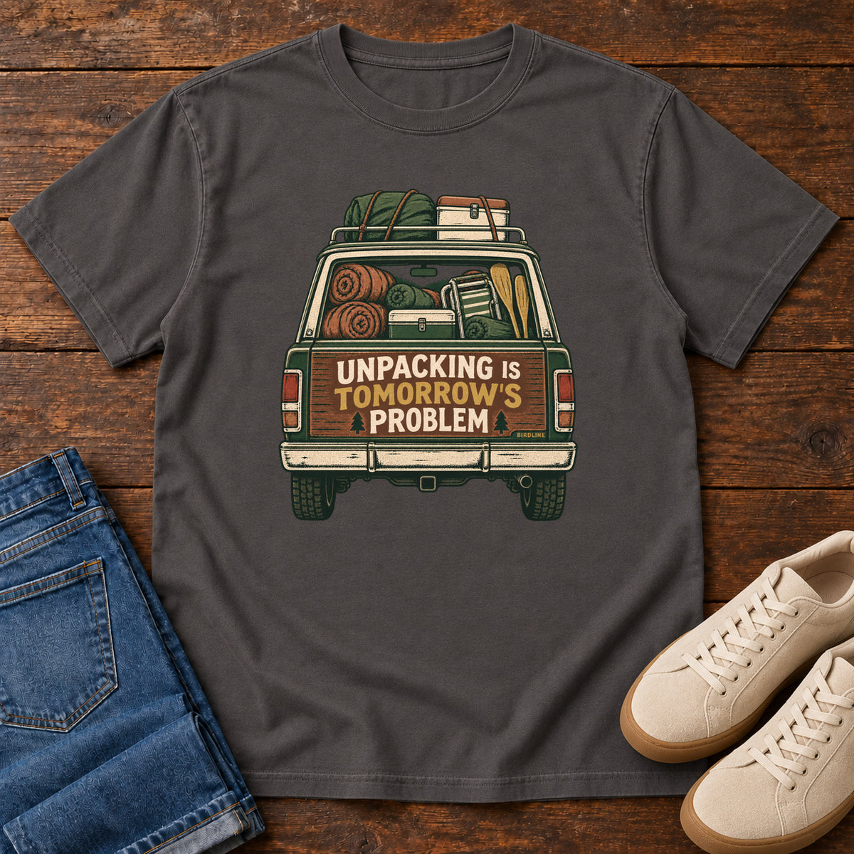 Unpacking Is Tomorrow's Problem T-Shirt in Graphite, front view