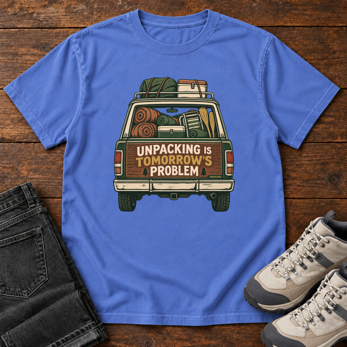 Unpacking Is Tomorrow's Problem T-Shirt in Mystic Blue, front view