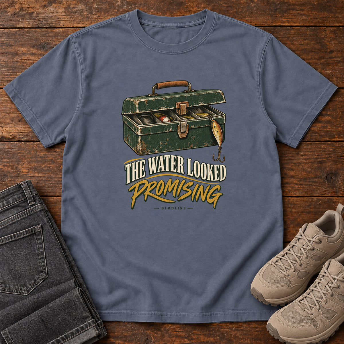 The Water Looked Promising T-Shirt in Denim, front view