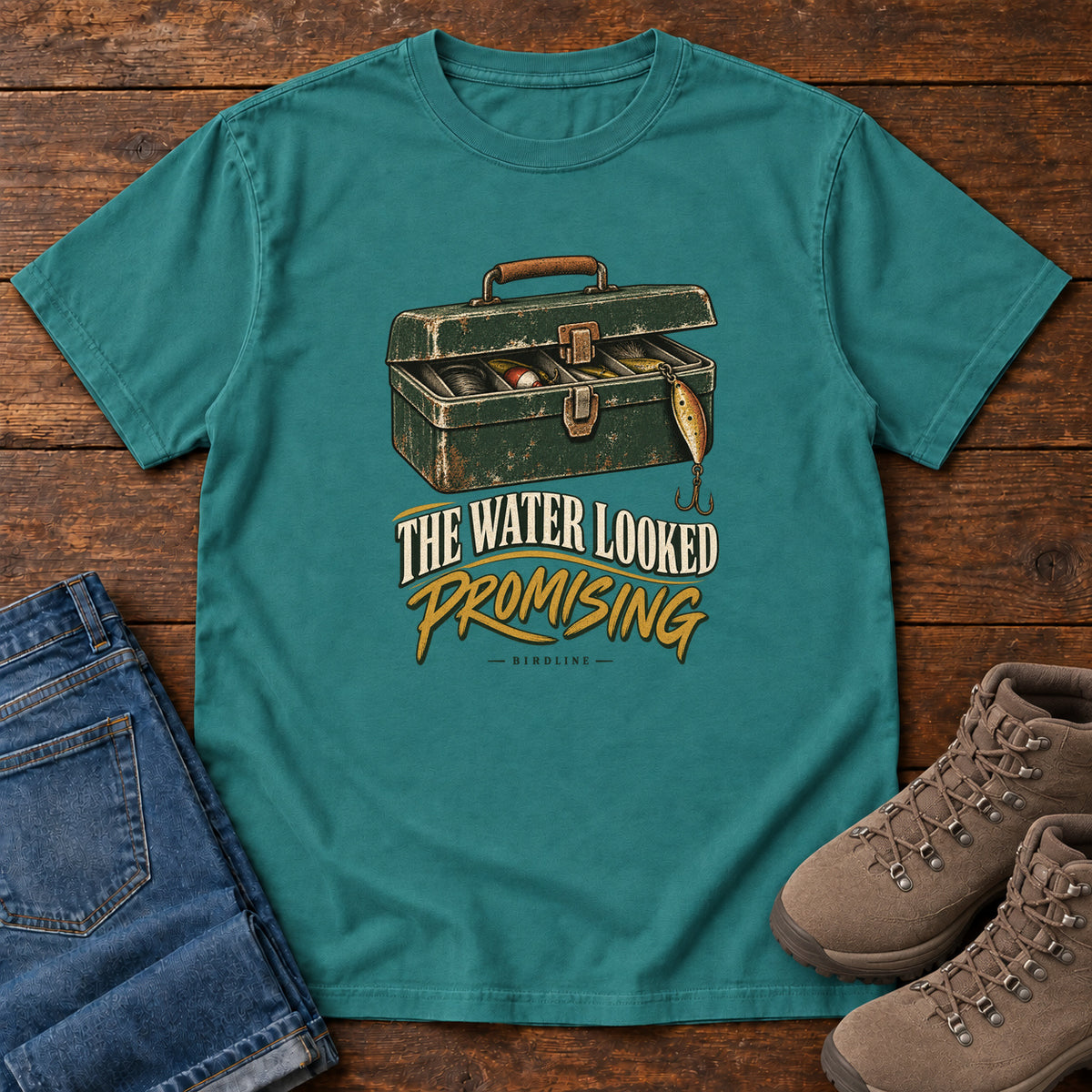The Water Looked Promising T-Shirt in Emerald, front view