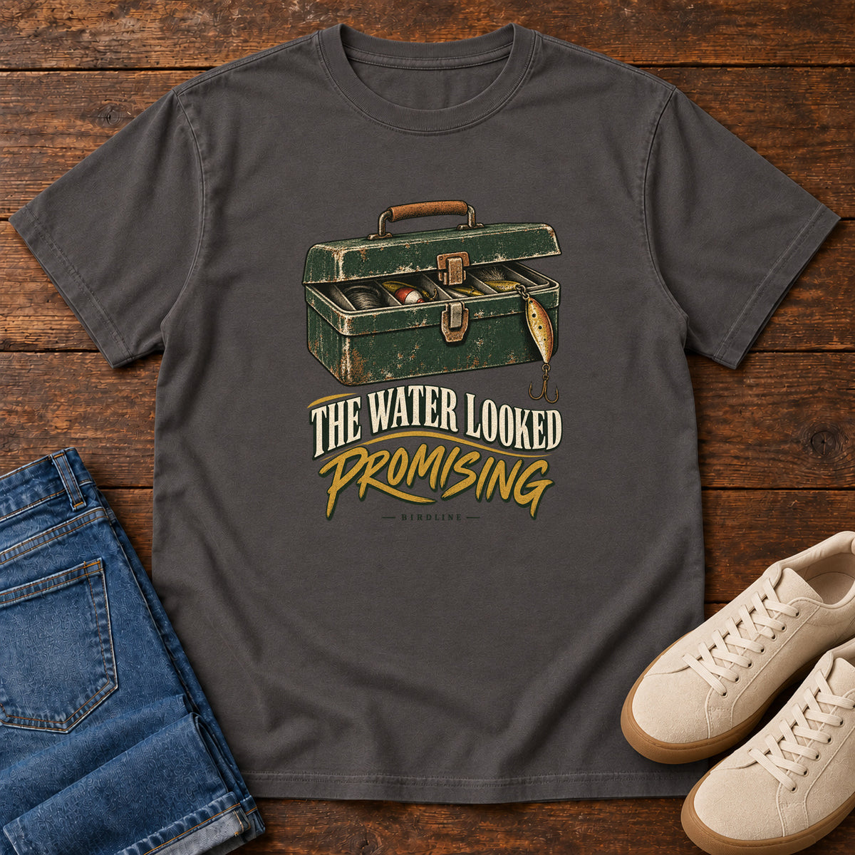 The Water Looked Promising T-Shirt in Graphite, front view