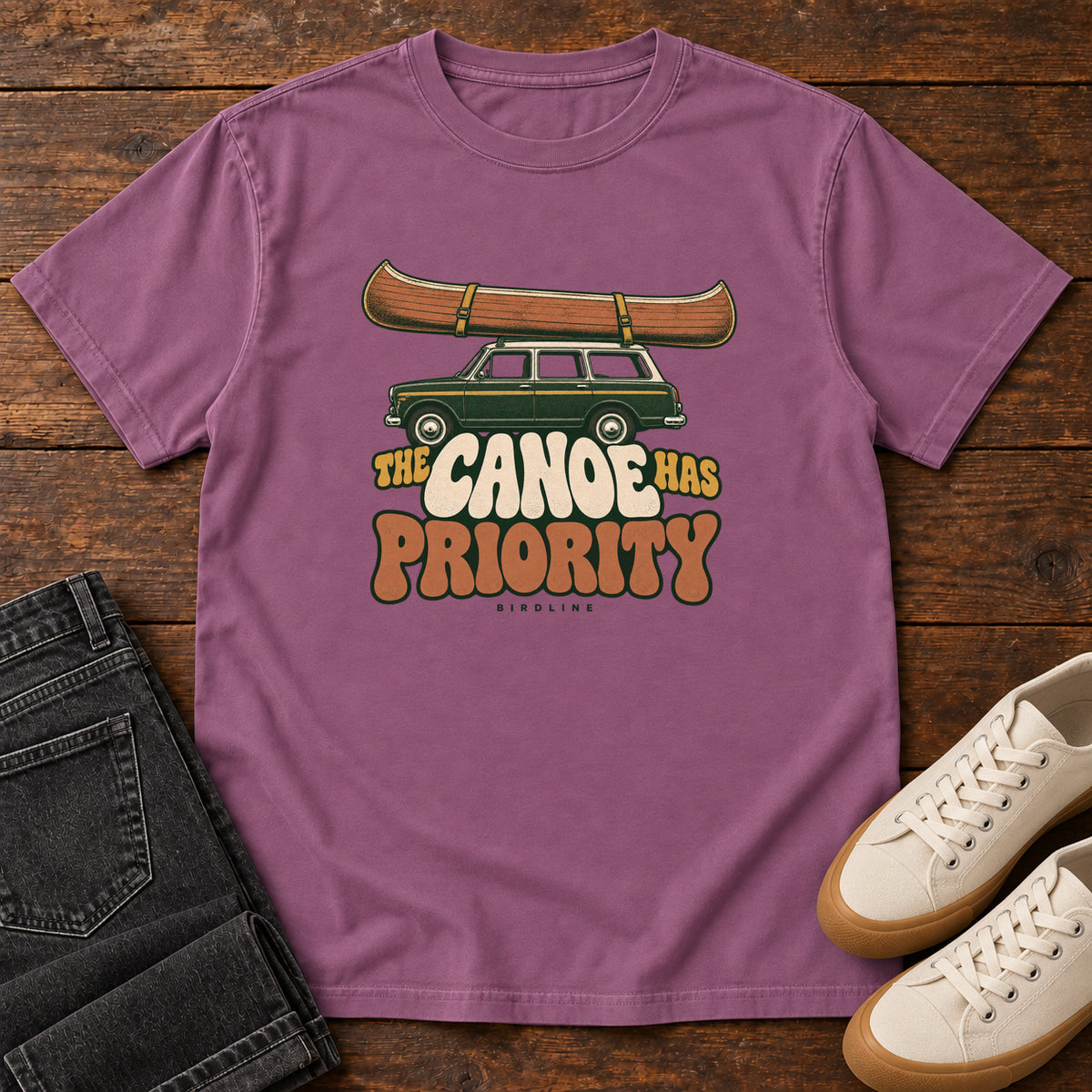 The Canoe Has Priority T-Shirt in Berry, front view