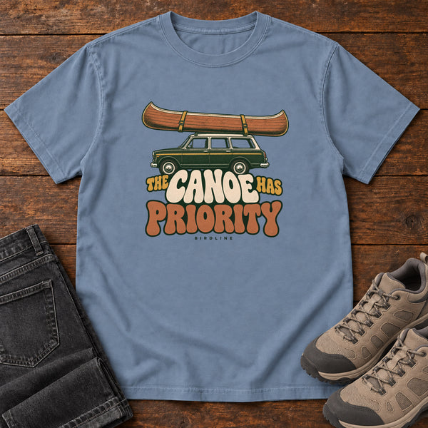 The Canoe Has Priority T-Shirt in Blue Jean, front view