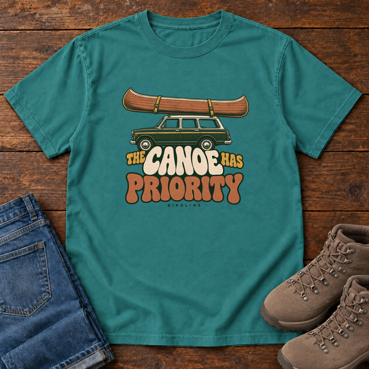 The Canoe Has Priority T-Shirt in Emerald, front view