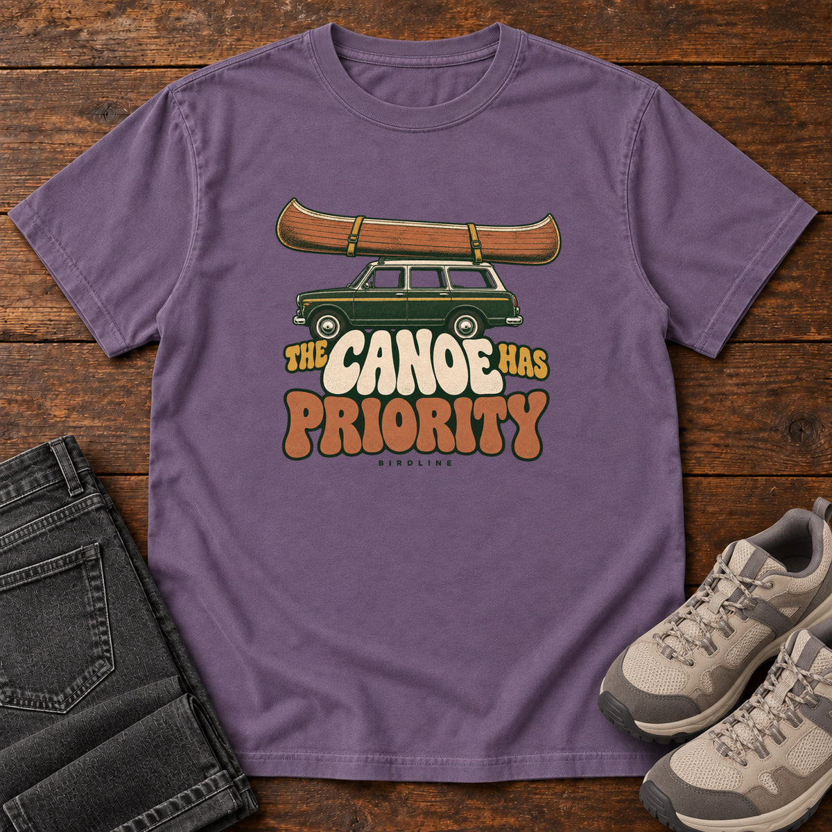 The Canoe Has Priority T-Shirt in Grape, front view