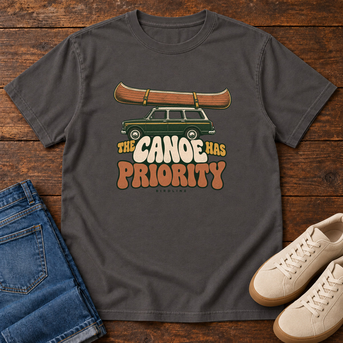 The Canoe Has Priority T-Shirt in Graphite, front view
