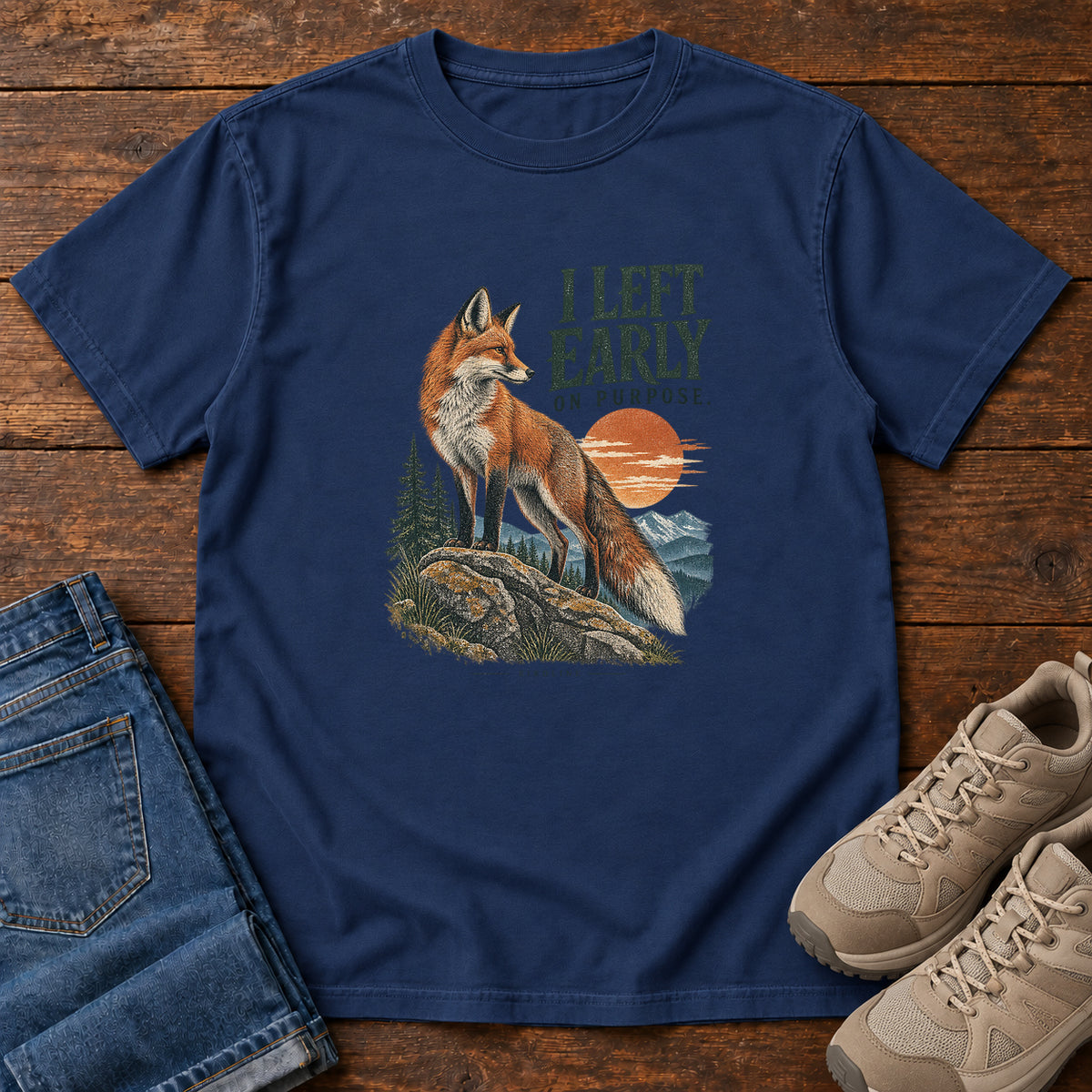 I Left Early on Purpose Fox T-Shirt in True Navy, left side