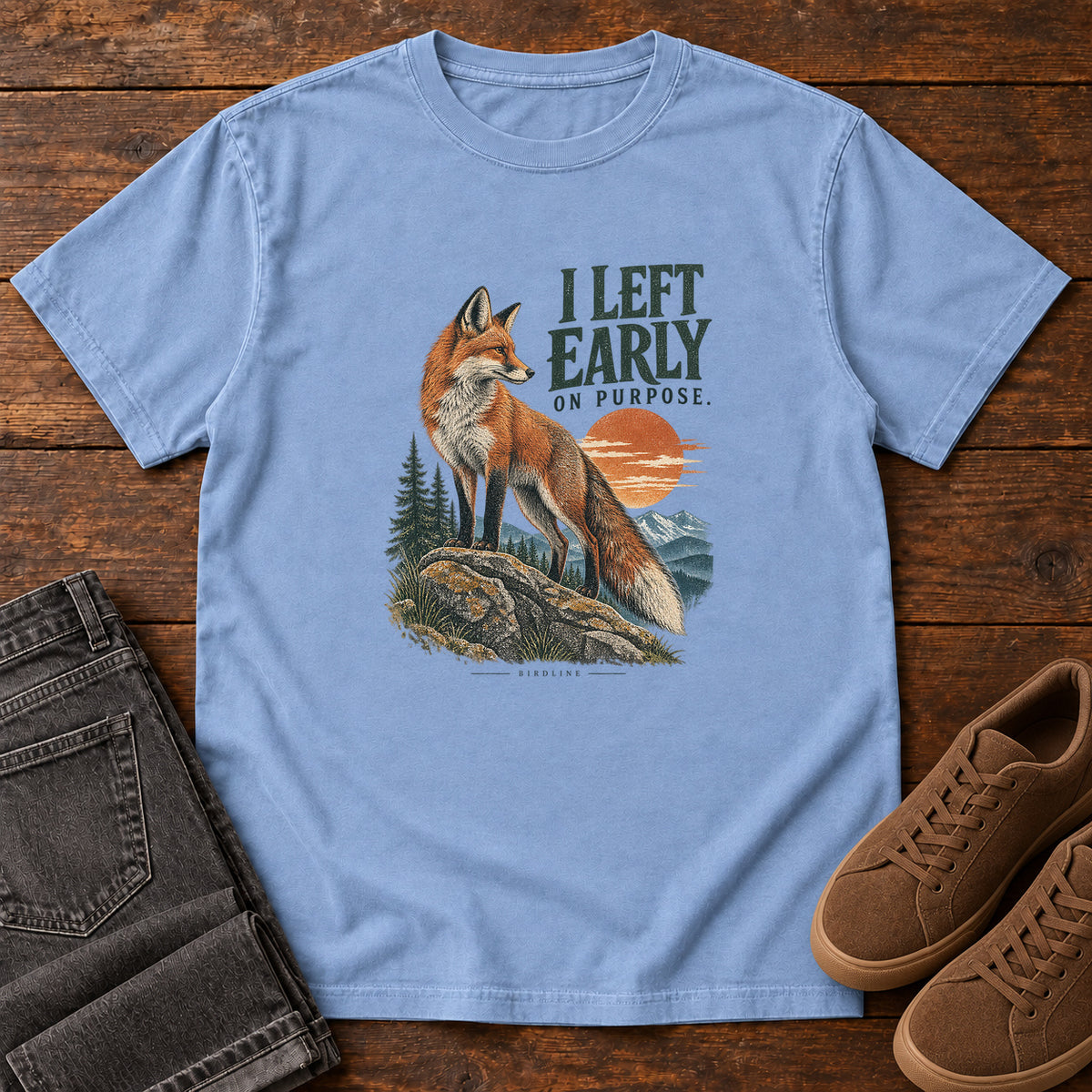 I Left Early on Purpose Fox T-Shirt in Washed Denim, left side