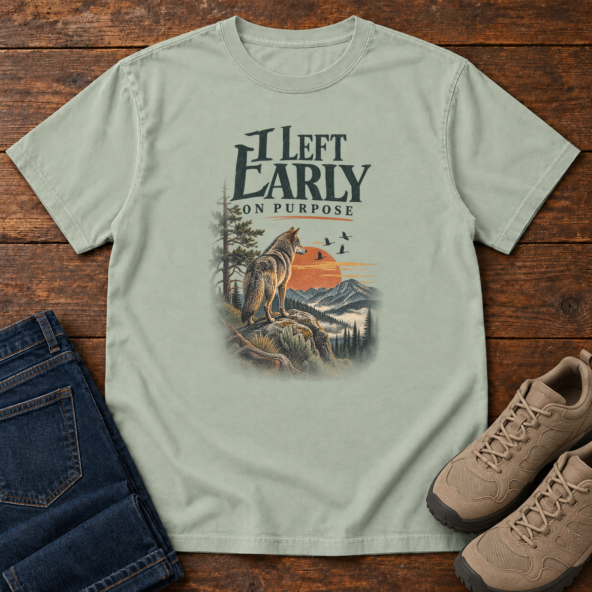 I Left Early on Purpose Coyote T-Shirt in Bay, left side