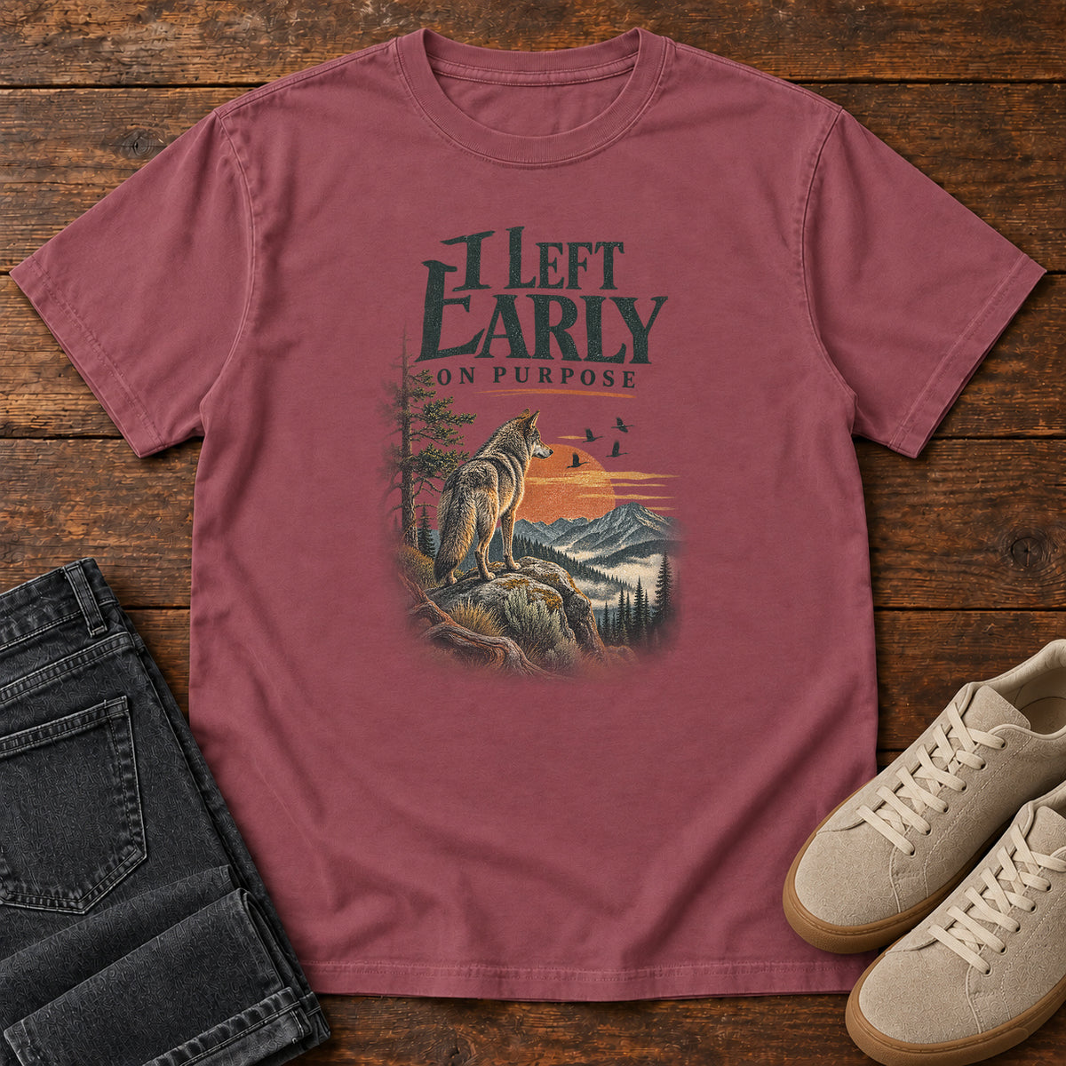 I Left Early on Purpose Coyote T-Shirt in Brick, left side