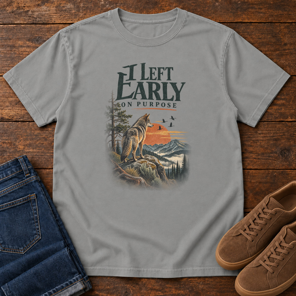 I Left Early on Purpose Coyote T-Shirt in Grey, left side
