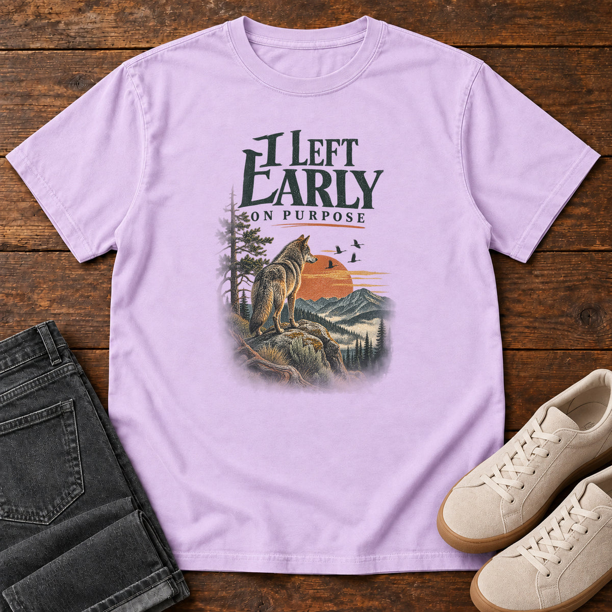 I Left Early on Purpose Coyote T-Shirt in Orchid, left side
