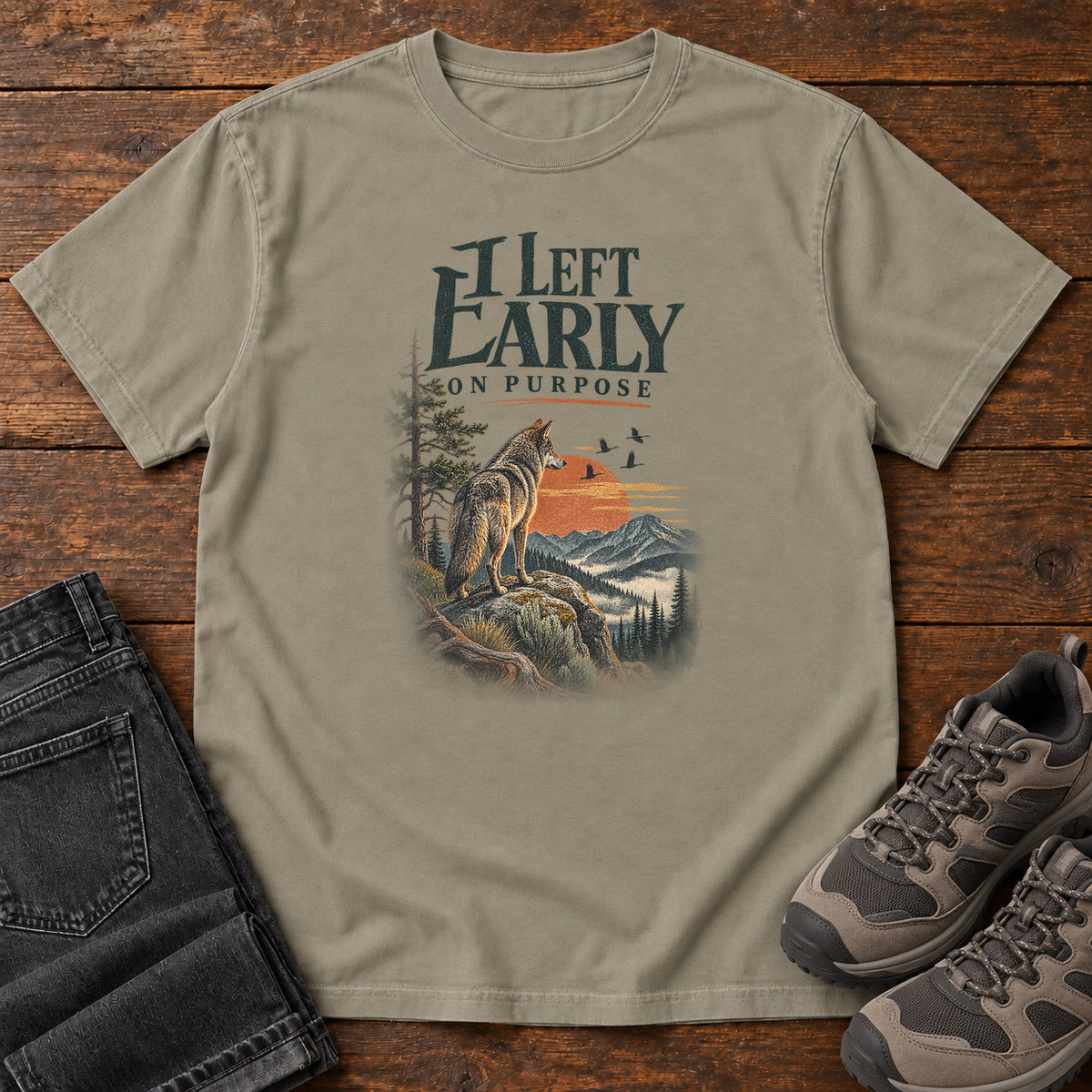I Left Early on Purpose Coyote T-Shirt in Sandstone, left side