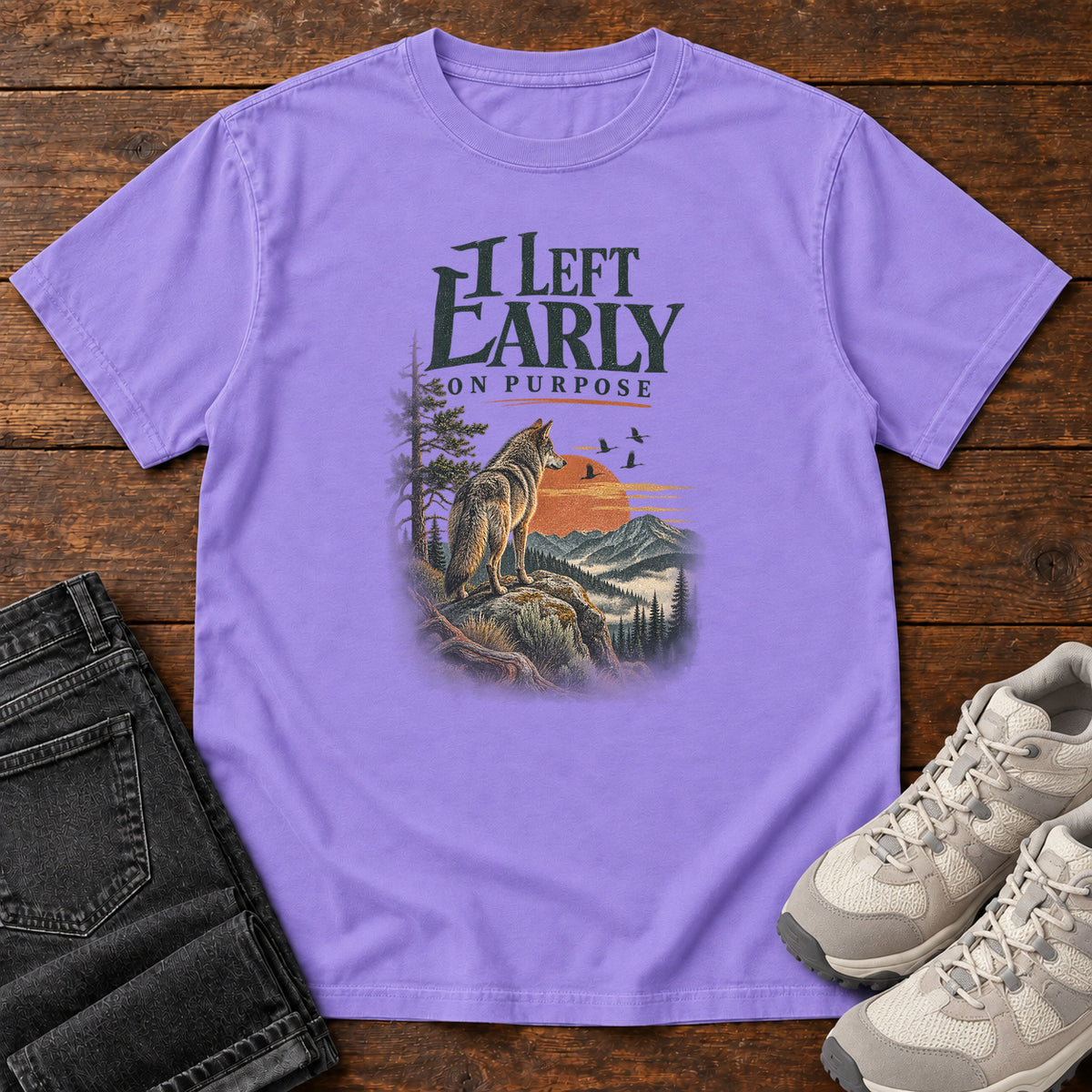 I Left Early on Purpose Coyote T-Shirt in Violet, left side