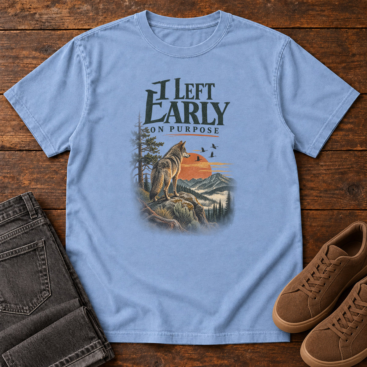I Left Early on Purpose Coyote T-Shirt in Washed Denim, left side