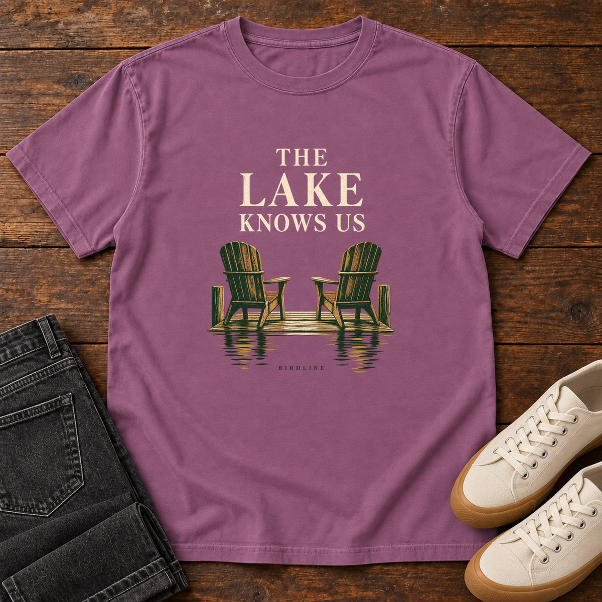 The Lake Knows Us T-Shirt in Berry, front view