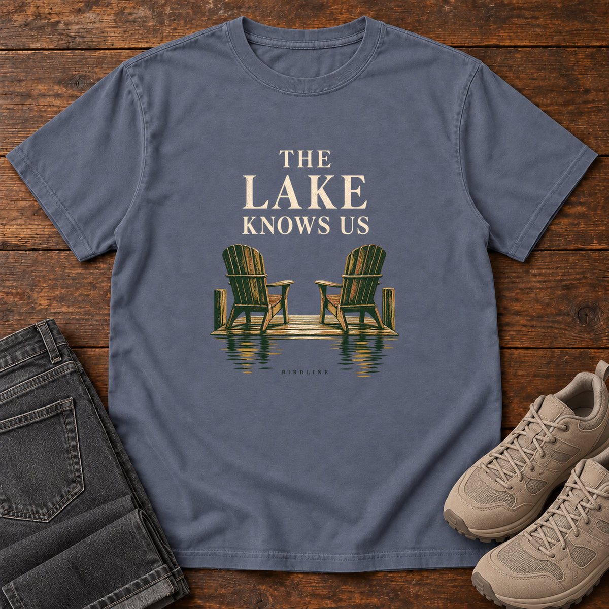 The Lake Knows Us T-Shirt in Denim, front view