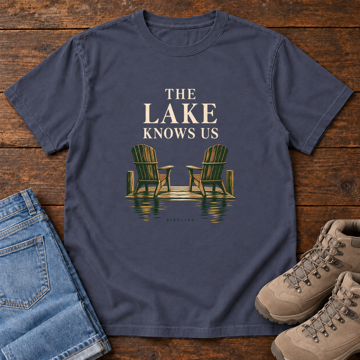 The Lake Knows Us T-Shirt in Navy, front view